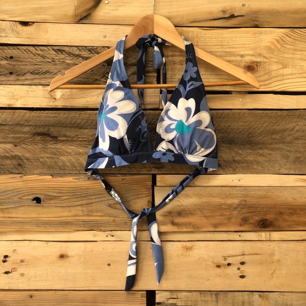STEVEN WEAR blue and white Hawaiian turtle print halter bikini top, size L.